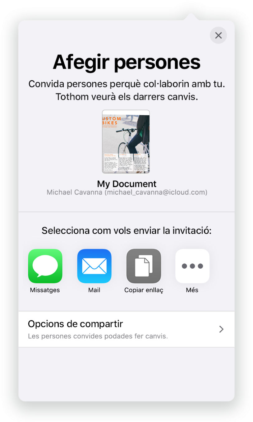 Pantalla “Afegir persones”, que mostra una imatge del document que s’ha de compartir. A sota hi ha els botons amb maneres d’enviar la invitació, com ara el Mail, “Copiar l’enllaç” i Més. A la part inferior hi ha el botó “Opcions de compartir”.