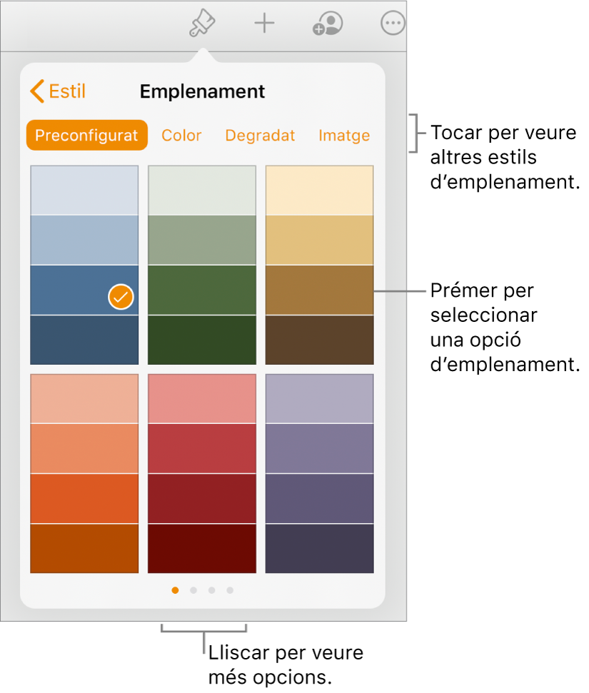 Opcions d’emplenament de la pestanya Estil del botó Format.