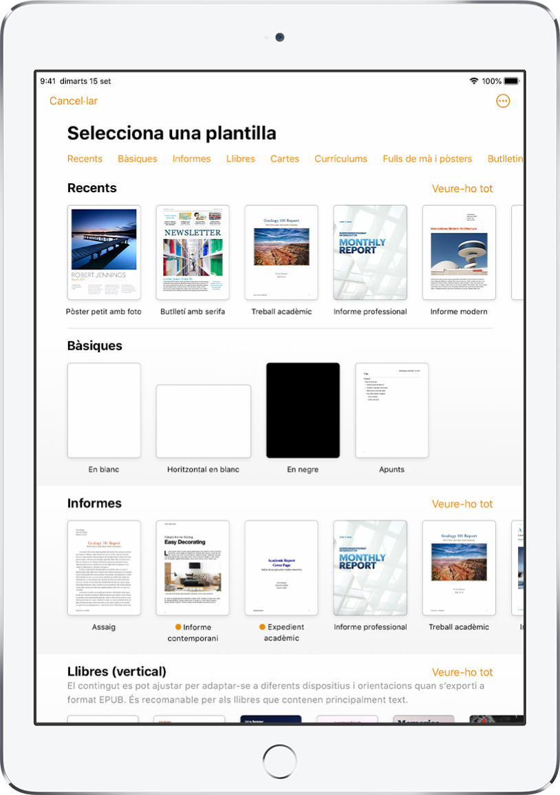 El selector de plantilles, amb una fila de categories a la part superior que pots tocar per filtrar les opcions. A sota hi ha miniatures de plantilles predissenyades ordenades en files per categoria: la primera, a la part superior, és Recents, seguida per Bàsiques i Informes. Es mostra el botó “Veure-ho tot” a la part superior i a la dreta de cada fila de categories. El botó d’idioma i regió és a l’angle superior dret.