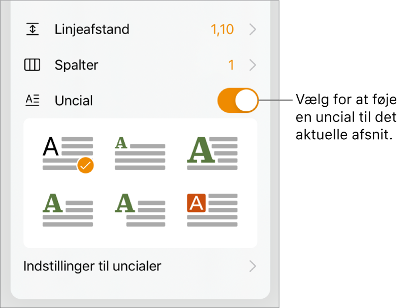 Betjeningsmulighederne til Uncial placeret nederst i menuen Tekst.