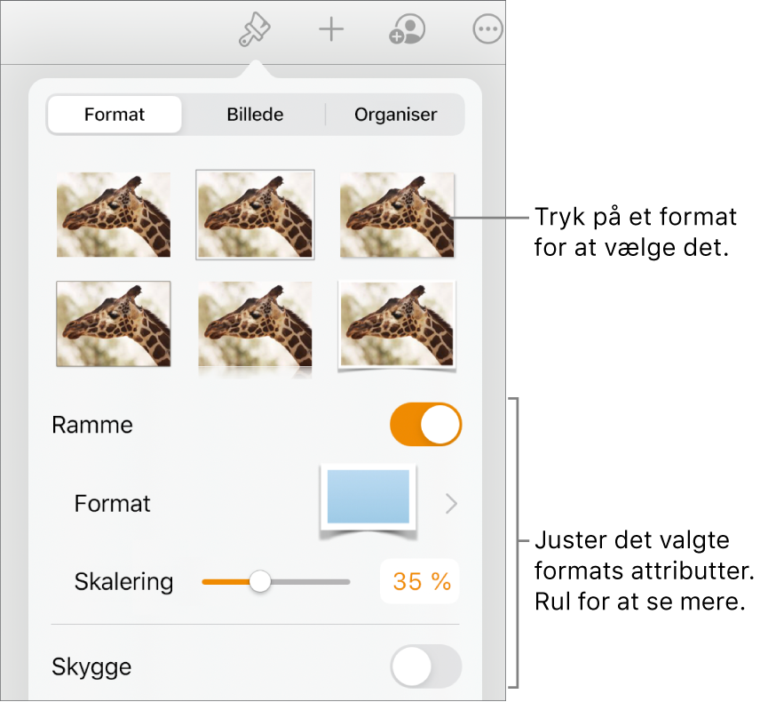 Fanen Format til menuen Format med objektformater øverst og derunder betjeningsmuligheder til ændring af ramme, skygge, refleksion og opacitet.