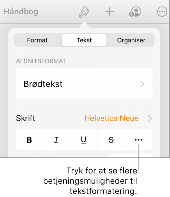 Fanen Tekst i betjeningsmulighederne til Format med en billedforklaring til knappen Flere tekstindstillinger.