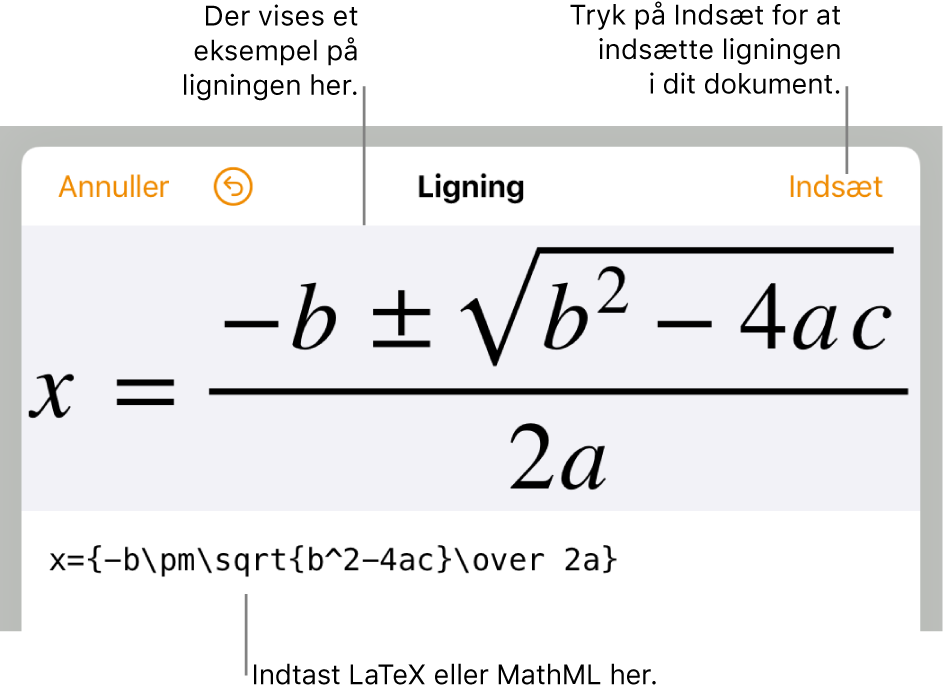 Dialogen til redigering af ligninger, der viser den kvadratiske formel skrevet ved hjælp af LaTeX-kommandoer og derover et eksempel på formlen.