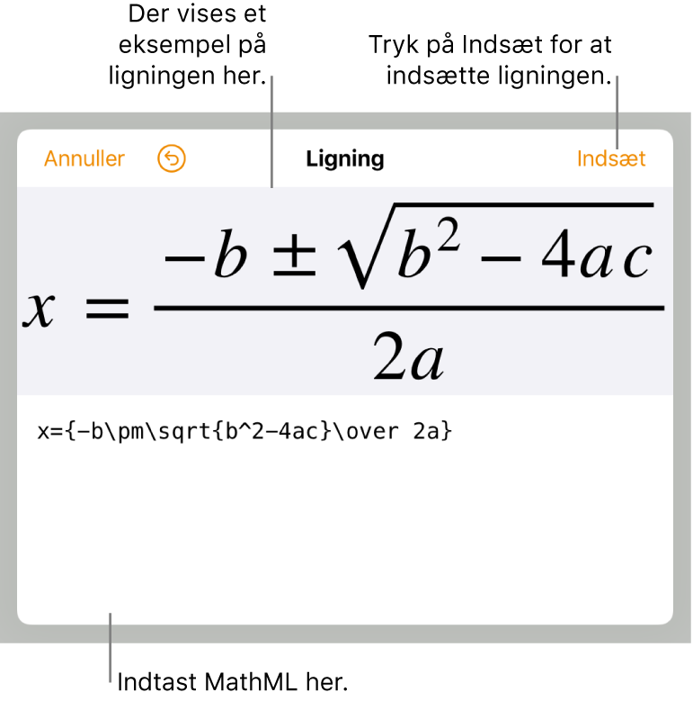 MathML-koden til ligningen til en linjes stigning og derover et eksempel på formlen.