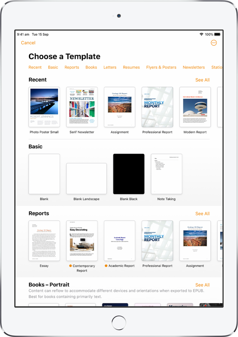 The template chooser, showing a row of categories across the top that you can tap to filter the options. Below are thumbnails of pre-designed templates arranged in rows by category, starting with Recent at the top and followed by Basic and Reports. A See All button appears above and to the right of each category row. The Language and Region button is in the top-right corner.