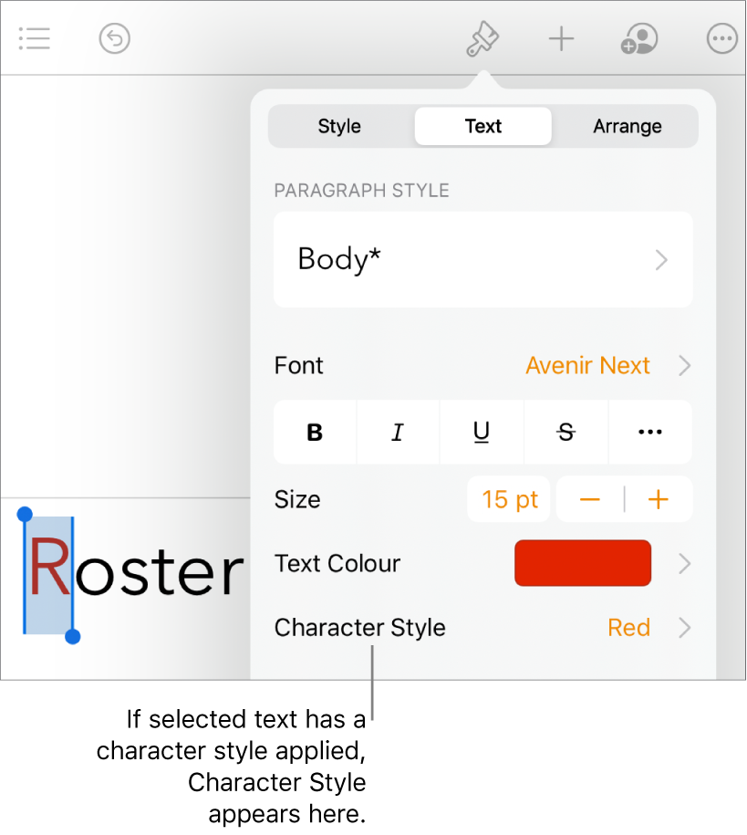 The Text formatting controls with Character Style below the Text Colour controls.