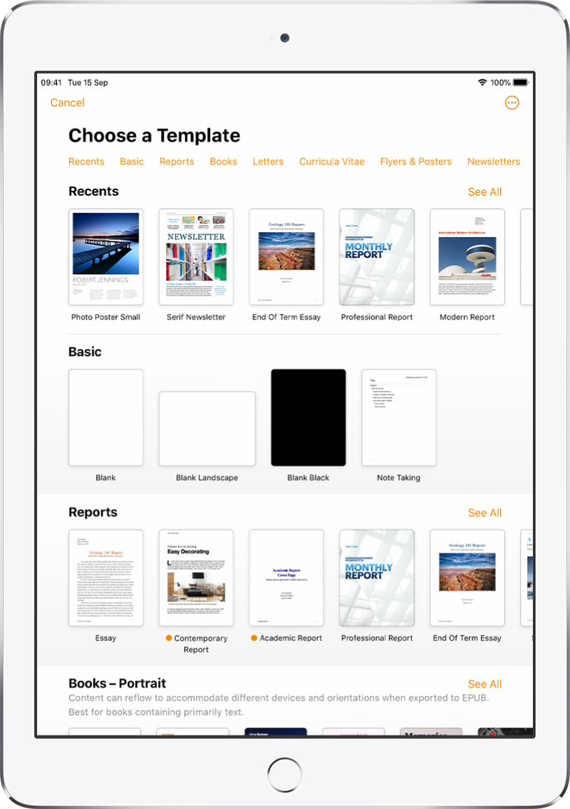 The template chooser, showing a row of categories across the top that you can tap to filter the options. Below are thumbnails of predesigned templates arranged in rows by category, starting with Recents at the top and followed by Basic and Reports. A See All button appears above and to the right of each category row. The Language and Region button is in the top-right corner.