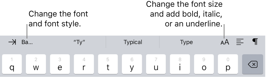 The text formatting buttons above the keyboard, starting on the left with indent, font, three predictive text fields, font size, alignment, and insert.