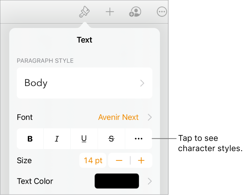 The Format controls with paragraph styles at the top, then Font controls. Below Font are the Bold, Italic, Underline, Strikethrough, and More Text Options buttons.