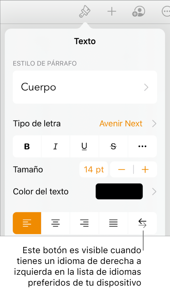 Los controles de texto se encuentran en el menú de Formato con un mensaje que señala el botón de derecha a izquierda.