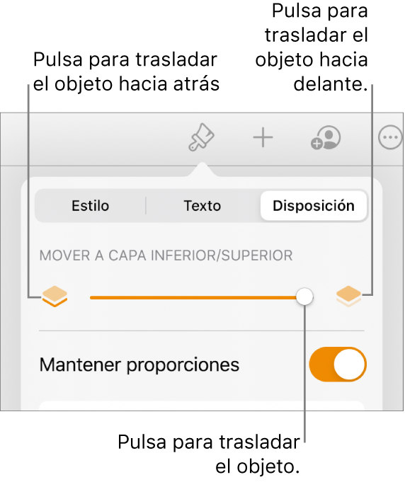 Botón “Mover hacia atrás”, botón “Mover hacia delante” y regulador de capa.