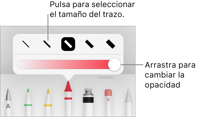 Controles para seleccionar un tamaño de trazo y un regulador para ajustar la opacidad.