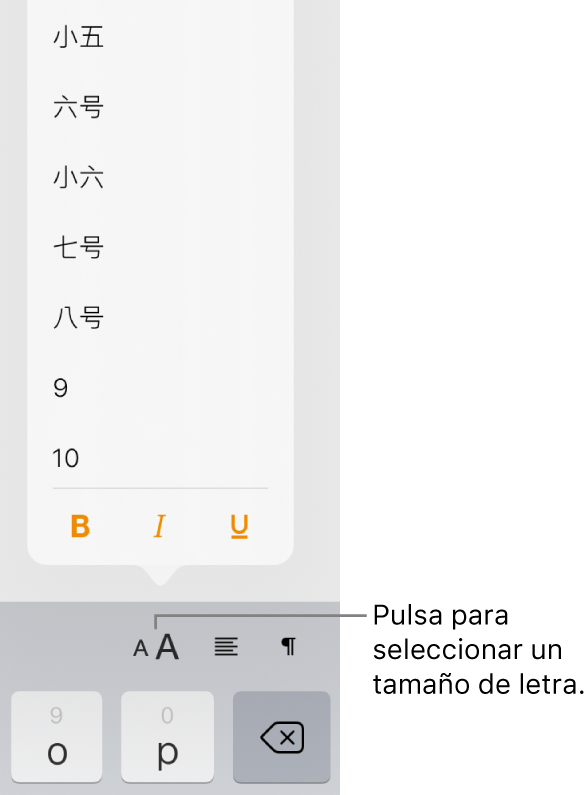 El botón “Tamaño de letra” en la parte derecha del teclado del iPad con el menú “Tamaño de la letra”. En la parte superior del menú aparecen los tamaños de tipo de letra estándar gubernamentales de China continental, con los tamaños en puntos debajo.