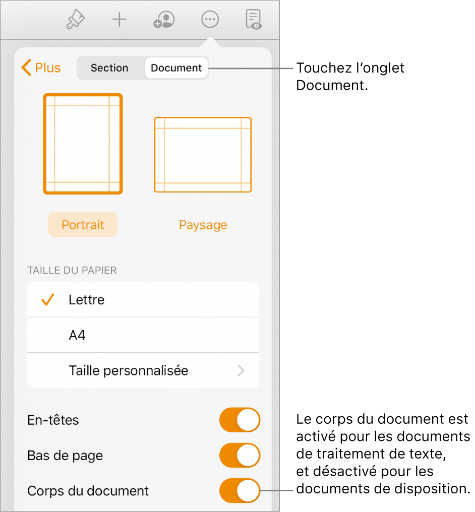 Les commandes Format du document et Corps du document activées vers le bas de l’écran.