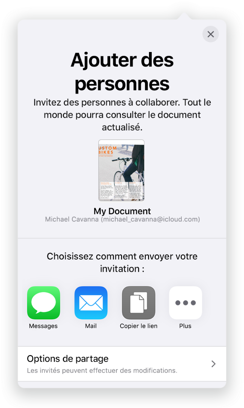 L’écran Ajouter des personnes affichant une image du document à partager. En dessous se trouvent des boutons permettant d’envoyer l’invitation de diverses façons, notamment les boutons Mail, Copier le lien et Plus. Au bas se trouve le bouton Options de partage.