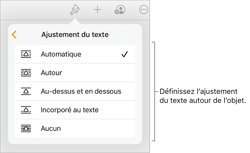 Les commandes Format avec l’onglet Disposition sélectionné. En dessous se trouvent les commandes « Ajustement du texte » avec les options « Déplacer vers l’arrière/avant », « Déplacer avec texte » et « Ajustement du texte ».