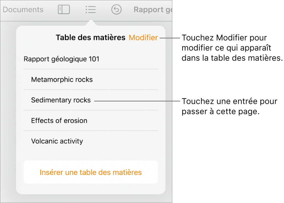 La présentation de la table des matières avec les entrées sous forme de liste. Le bouton Modifier se trouve dans le coin supérieur droit de la présentation.