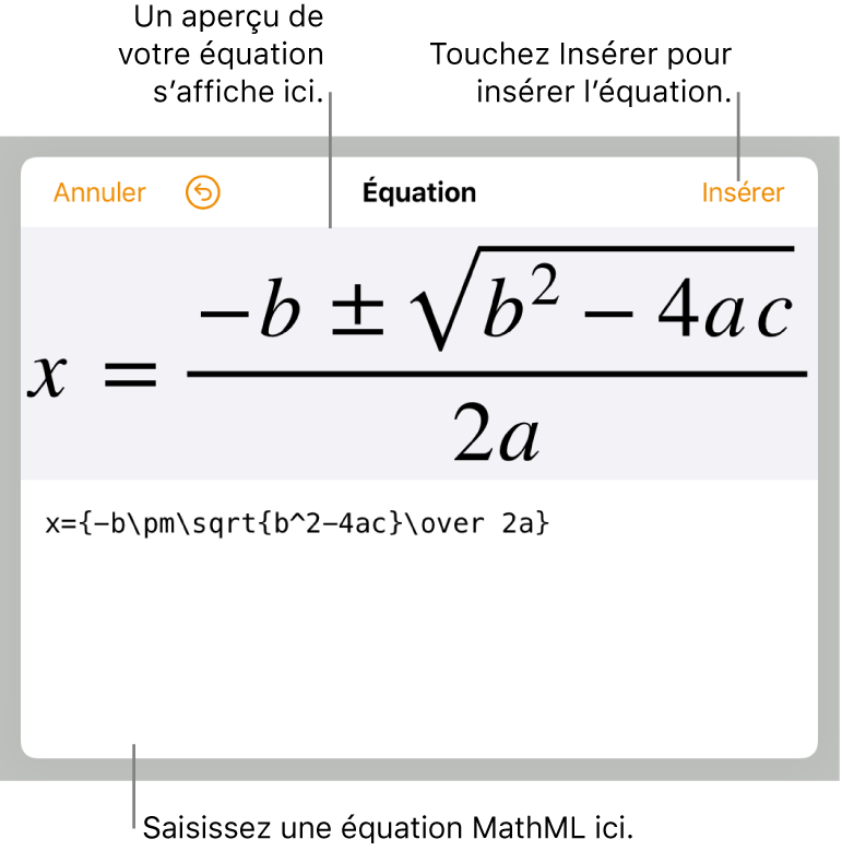 Code MathML de l’équation de la pente d’une droite et aperçu de la formule en haut.