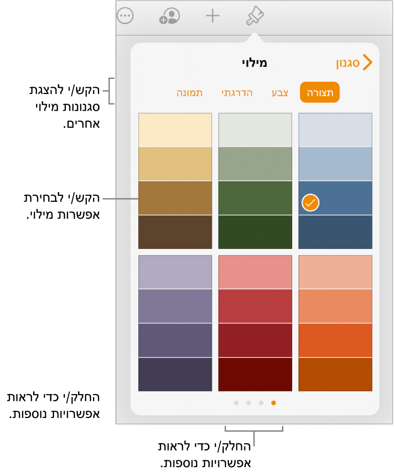 אפשרויות מילוי בכרטיסייה ״סגנון״ של הכפתור ״עיצוב״.