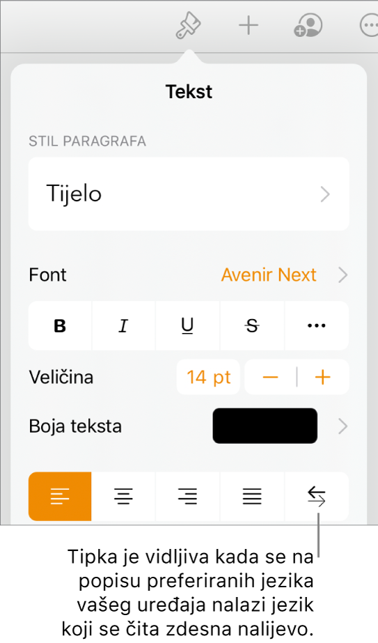 Kontrole teksta na izborniku Formatiraj s oblačićem koji pokazuje na tipku S desna na lijevo.