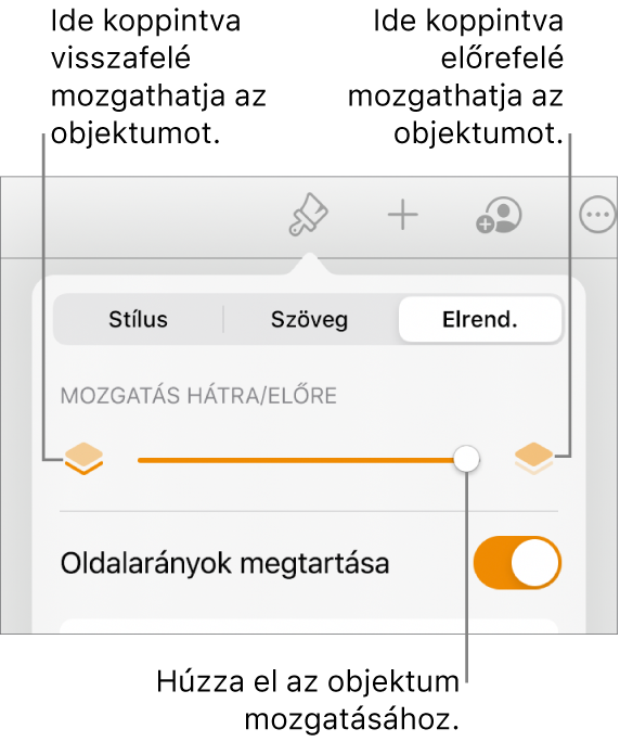 Visszafelé mozgatás gomb, Mozgatás előre gomb és a rétegezés csúszka.