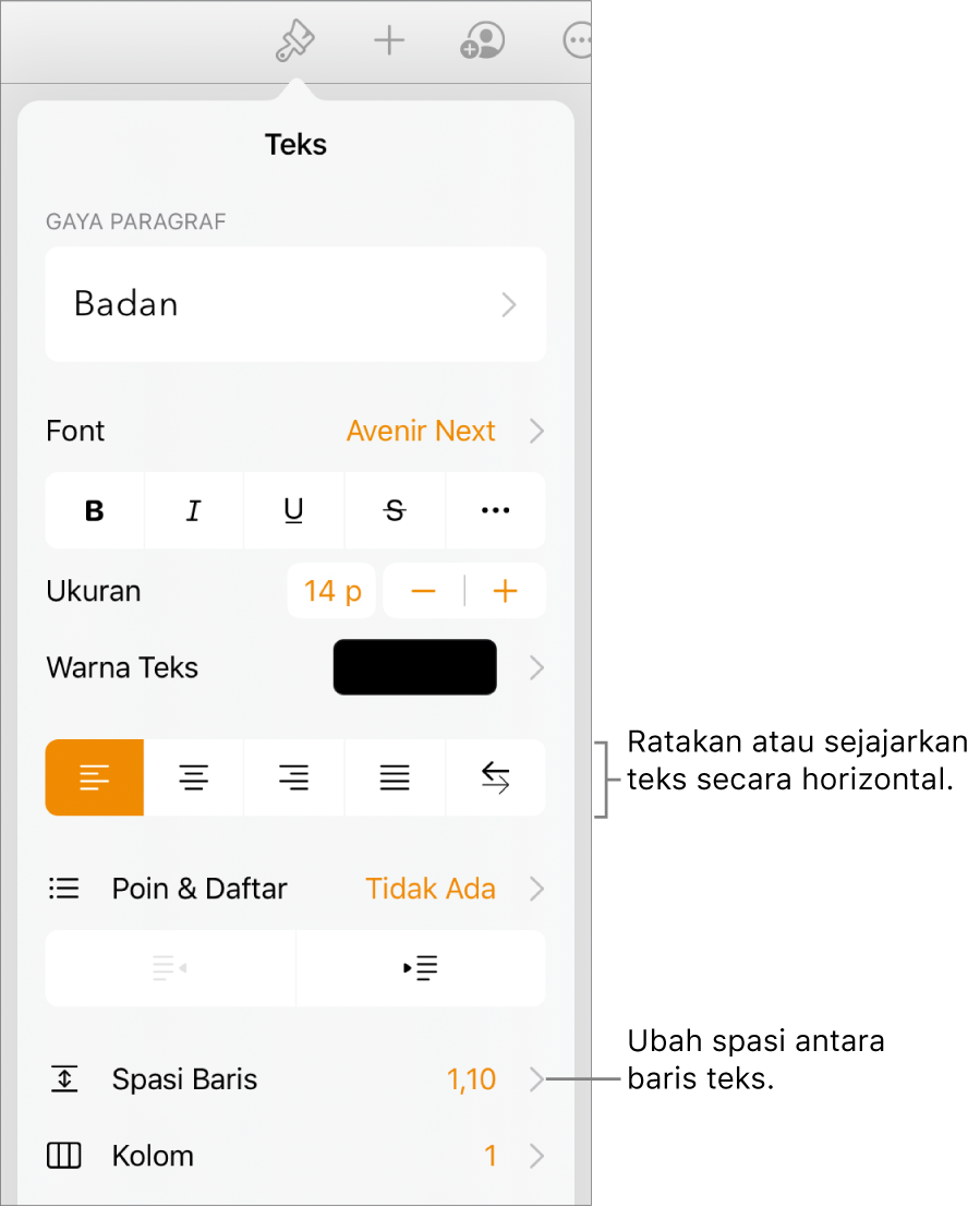 Tombol kontrol Format dengan tab Teks dipilih dan keterangan ke tombol perataan teks dan item menu Spasi Baris.