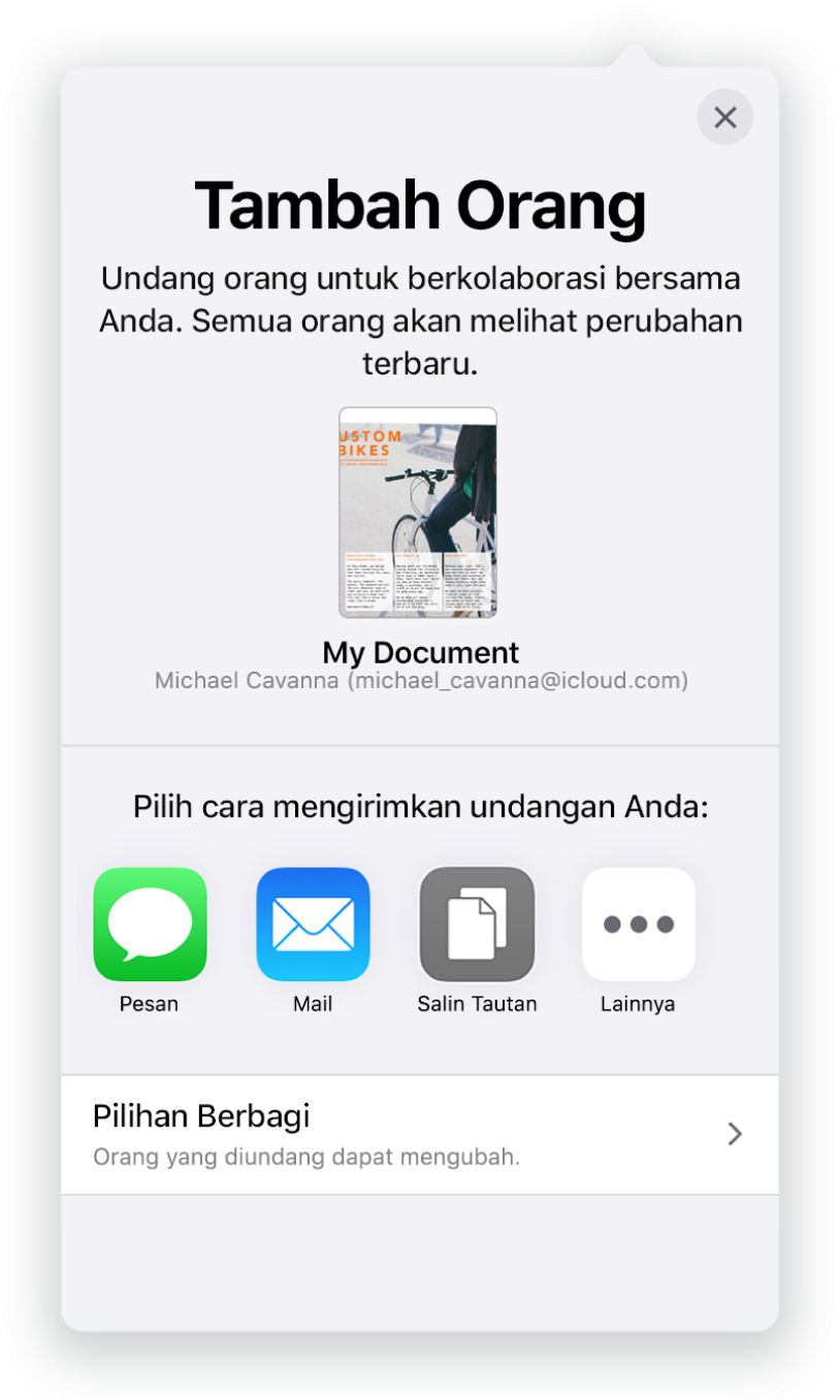 Layar Tambah Orang menampilkan gambar dokumen untuk dibagikan. Di bawahnya tombol untuk cara mengirimkan undangan, termasuk Mail, Salin Tautan, dan Lainnya. Di bagian bawah terdapat tombol Pilihan Bagikan.