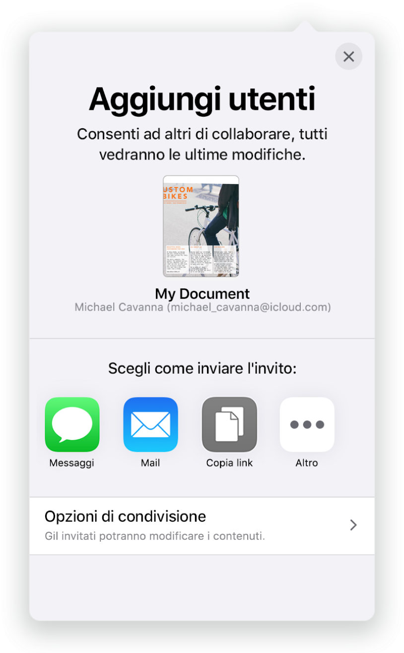 La schermata “Aggiungi persone” che mostra un’immagine del documento da condividere. Al di sotto ci sono i pulsanti delle modalità per inviare l’invito, che includono Mail, “Copia link” e Altro. Nella parte inferiore c’è il pulsante “Opzioni di condivisione”.