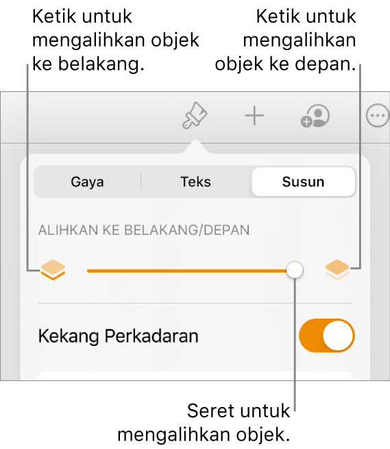 Butang Bergerak Ke Depan, butang Bergerak Ke Belakang dan gelangsar lapisan.