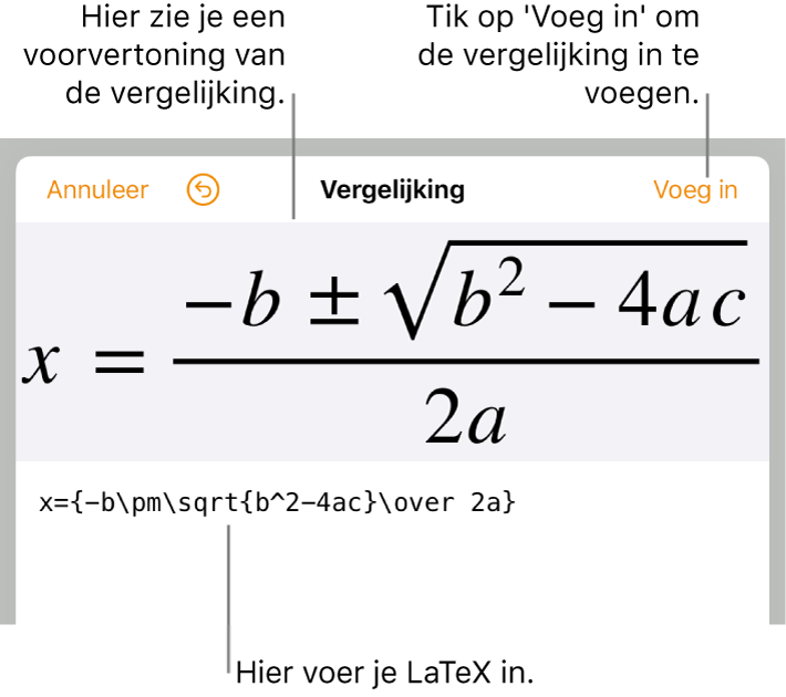 In het veld 'Vergelijking' staat een LaTeX-wortelformule, met daaronder een voorvertoning van de formule.