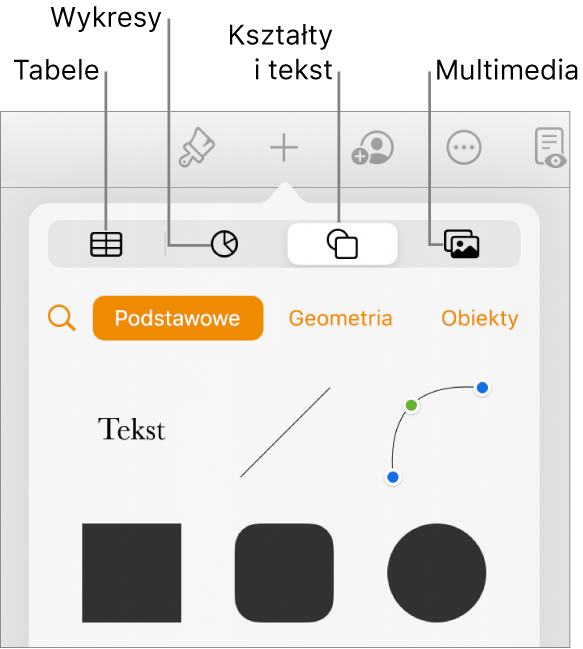 Narzędzia do dodawania obiektu, na górze widoczne są przyciski pozwalające wybrać tabele, wykresy, kształty (w tym linie i pola tekstowe) oraz multimedia.