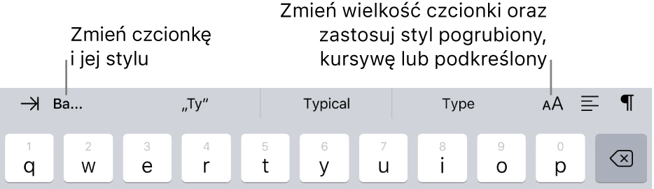 Przyciski formatowania tekstu, widoczne nad klawiaturą. Od lewej: wcięcie, czcionki, trzy pola predykcji tekstu, wielkość czcionki, wyrównanie oraz wstawianie.