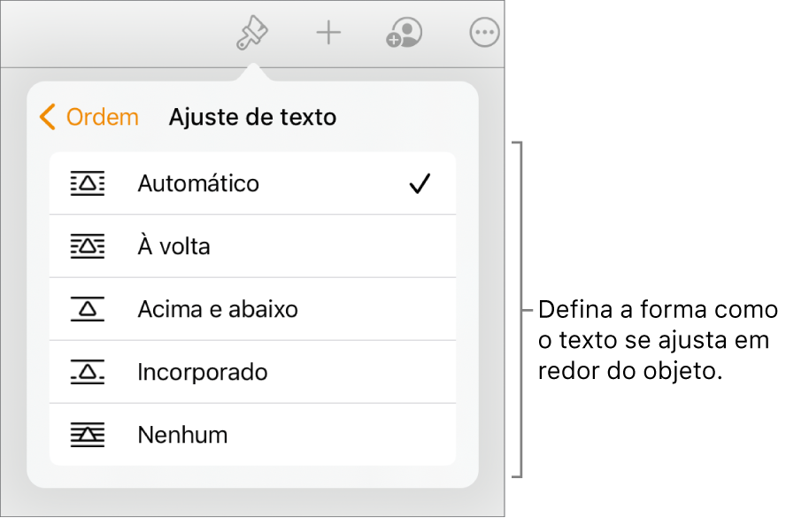 Os controlos de Formatação com o separador Organização selecionado. Por baixo estão os controlos “Ajuste de texto” com “Passar para a frente/para trás”, “Mover com texto” e “Ajuste de texto”.