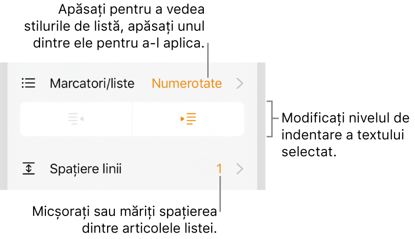 Comenzile Format cu explicații pentru meniul Marcatori și liste, butoane de indentare și comenzi pentru spațierea liniilor.