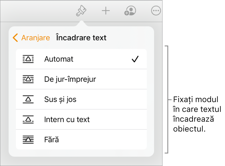 Comenzile Format cu fila Aranjare selectată. Sub aceasta se află comenzile Încadrare text cu Mută în spate/față, Se mută cu textul și Încadrare text.