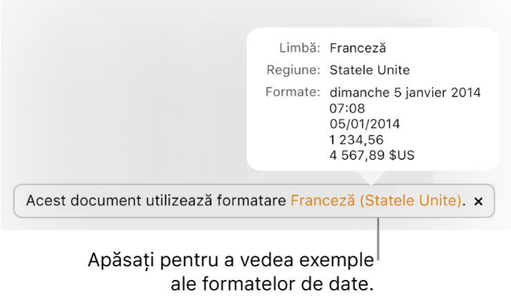 Notificarea privind configurarea limbii și regiunii diferite, afișând exemple de formatare în limba și regiunea respectivă.