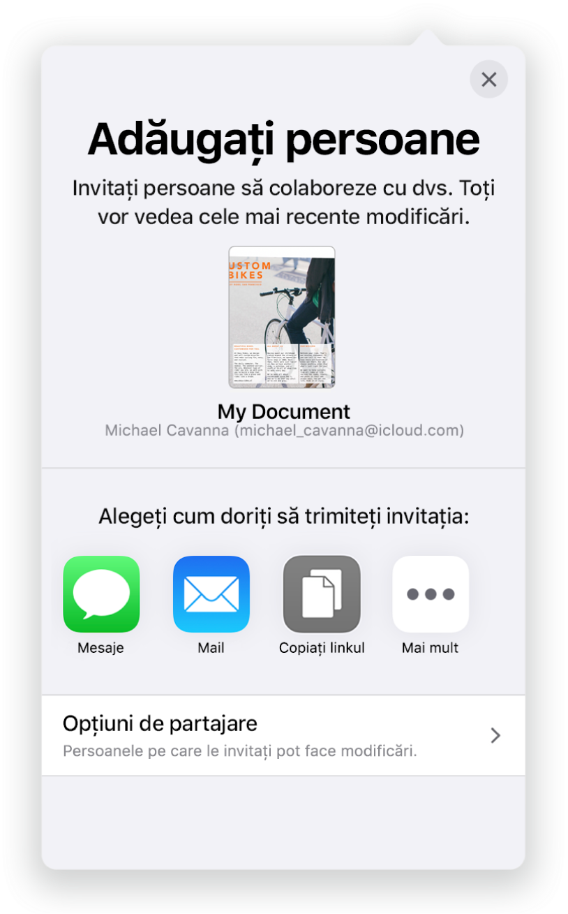 Ecranul de adăugare a persoanelor afișând imaginea documentului de partajat. Dedesubt se află butoane pentru metodele de trimitere a invitației, inclusiv Mail, Copiați linkul și Altele. În partea de jos se află butonul Opțiuni de partajare.