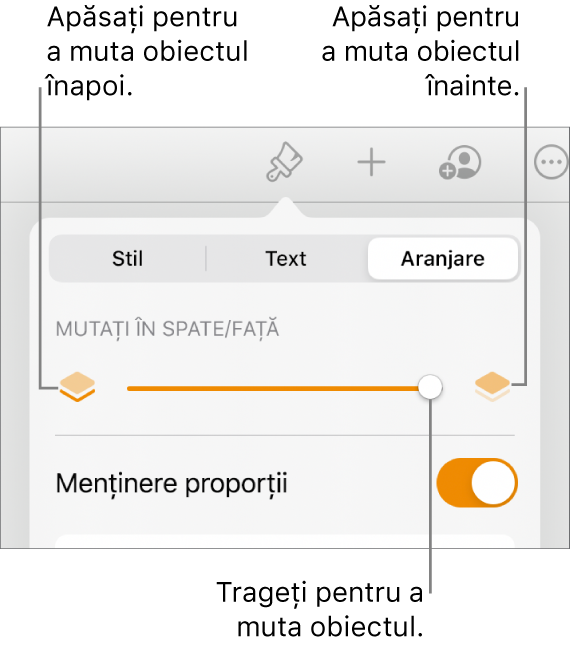 Butonul Deplasare înapoi, butonul Deplasare înainte și glisorul pentru straturi.