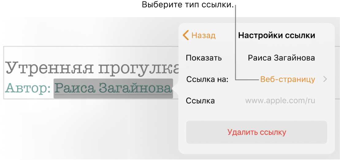 Элементы управления «Настройки ссылки» с полем «Показывать», параметром «Ссылка на» (выбран вариант «Веб-страницу») и полем «Ссылка». Внизу элементов управления находится кнопка «Удалить ссылку».