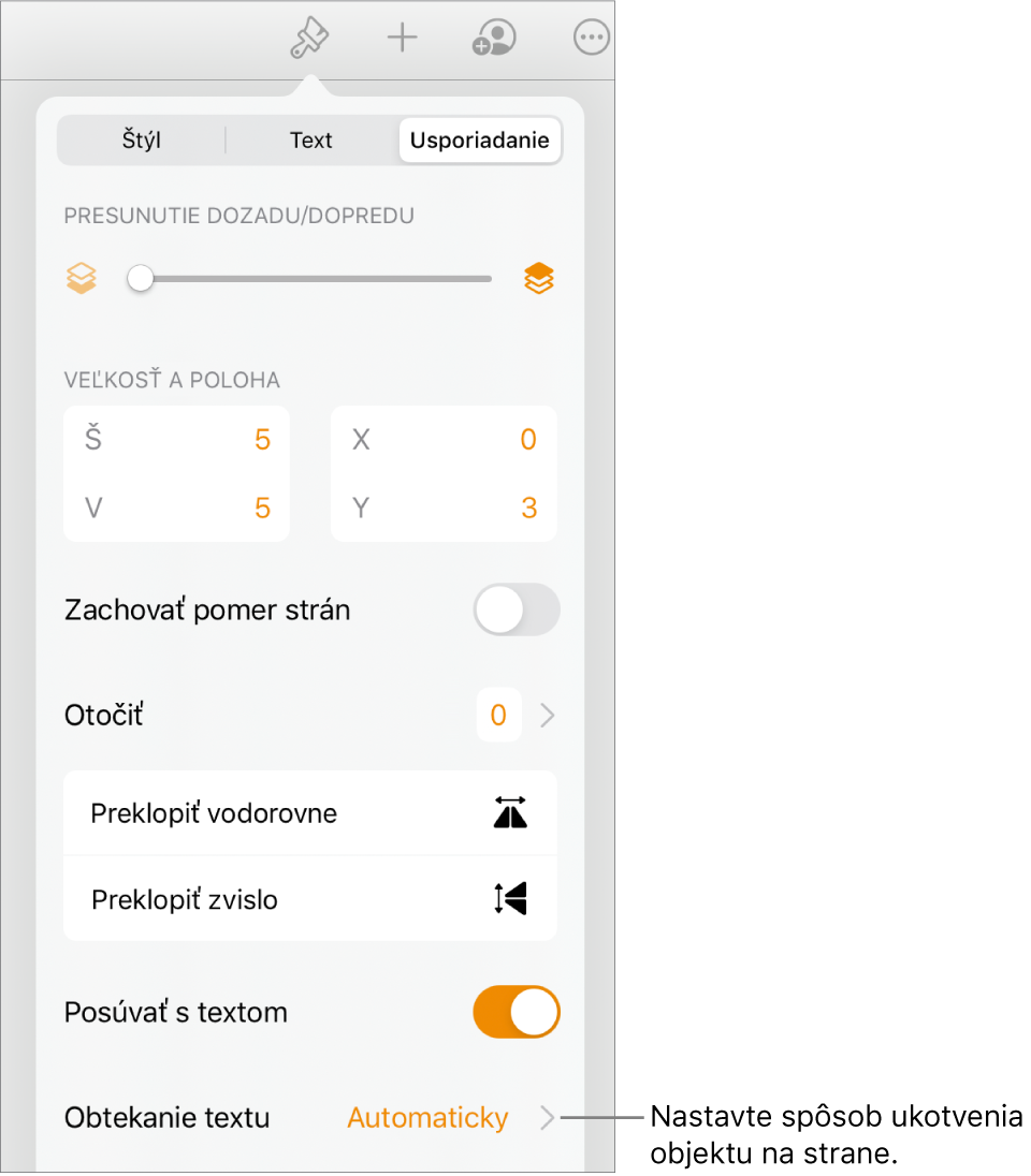 Ovládacie prvky Formát s označenou záložkou Usporiadať a ovládacími prvkami Presunutie dozadu/dopredu, Posúvať s textom a Obtekanie textu.