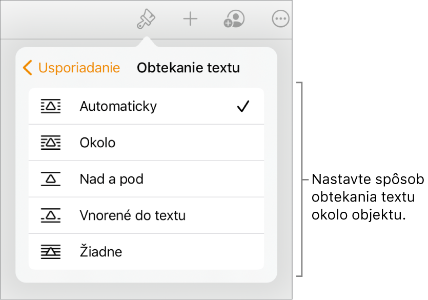 Ovládacie prvky Formát s označenou záložkou Usporiadať. Pod tým sú ovládacie prvky Obtekanie textu s možnosťami Presunutie dozadu/dopredu, Posúvať s textom a Obtekanie textu.