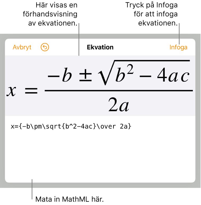 MathML-koden för en ekvation för en linjes lutning och en förhandsvisning av formeln nedanför.