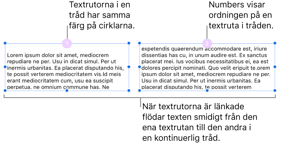 Två textrutor med lila cirklar högst upp och siffrorna 1 och 2 i cirklarna.