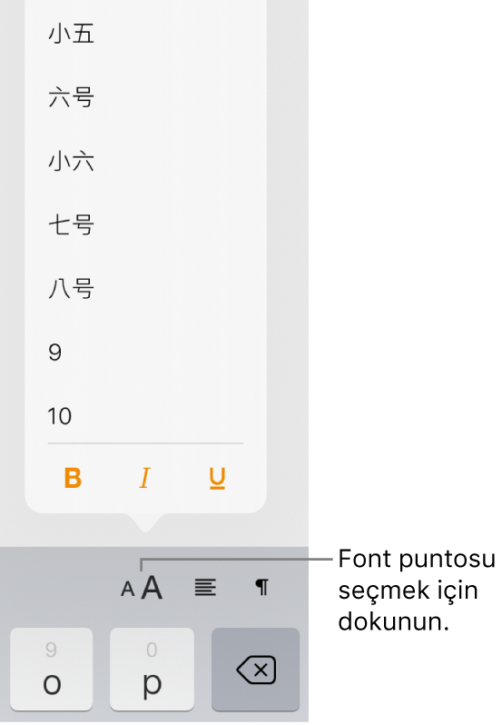 iPad klavyesinin sağ tarafında, Font Puntosu menüsü açık olarak gösterilen Font Puntosu düğmesi. Çin ana karası hükümeti standardındaki font puntoları menünün en üst kısmında, diğer puntolar ise bunun altında görünür.