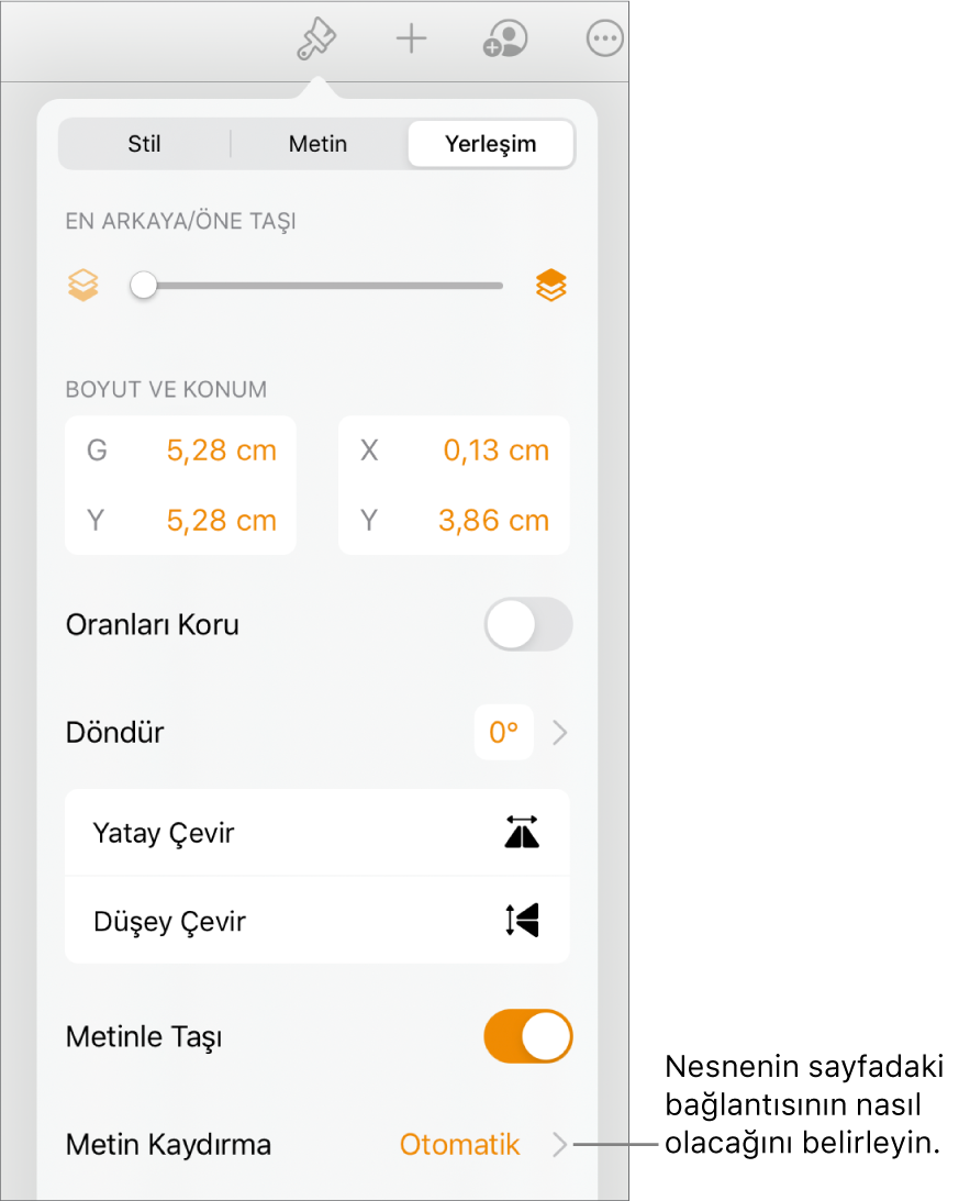 Yerleştir sekmesi seçili ve En Arkaya/Öne Taşı, Metinle Taşı ve Metin Kaydırma denetimleri ile Biçim denetimleri.