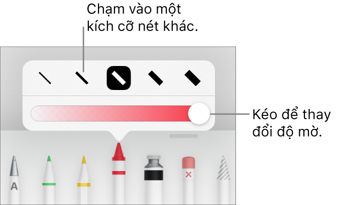 Các điều khiển để chọn một kích cỡ nét và thanh trượt để điều chỉnh độ mờ.