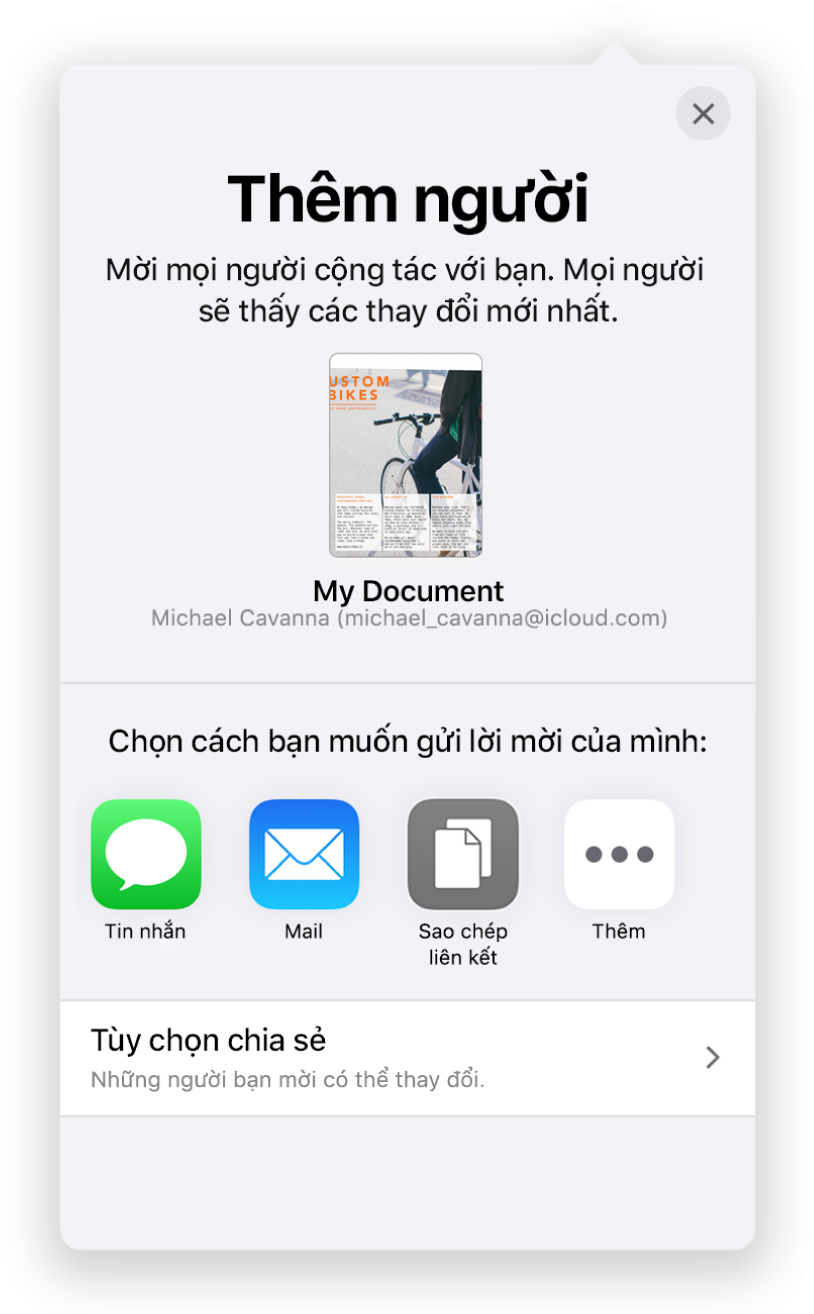 Màn hình Thêm người đang hiển thị hình ảnh của tài liệu được chia sẻ. Bên dưới là các nút cho các cách gửi lời mời, bao gồm Mail, Sao chép liên kết và Thêm. Ở dưới cùng là nút Tùy chọn Chia sẻ.