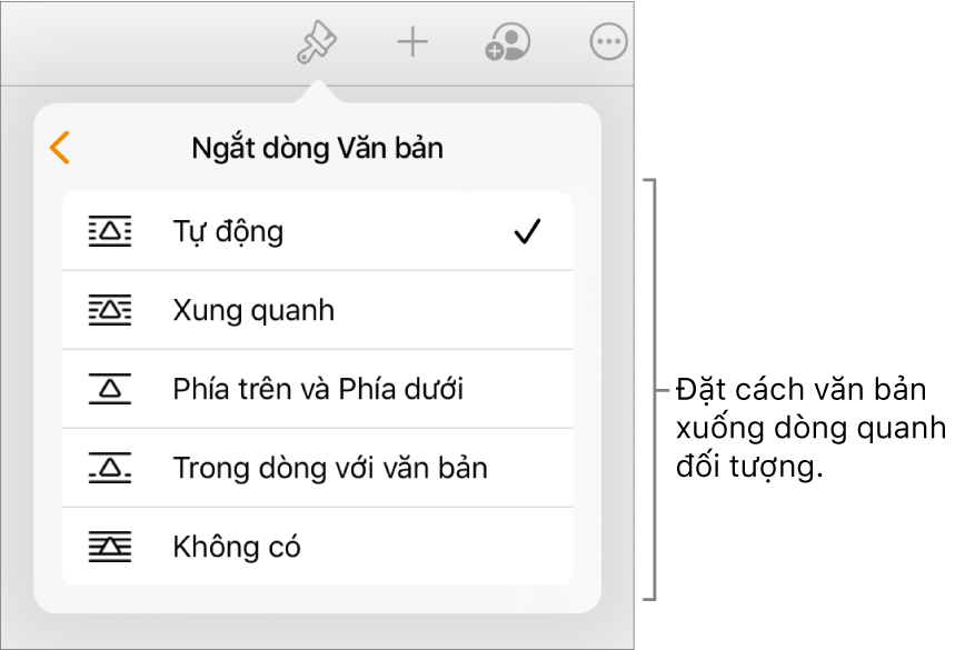 Các điều khiển Định dạng với tab Sắp xếp được chọn. Bên dưới là các điều khiển Ngắt dòng văn bản với Chuyển ra trước/sau, Chuyển với văn bản và Ngắt dòng văn bản