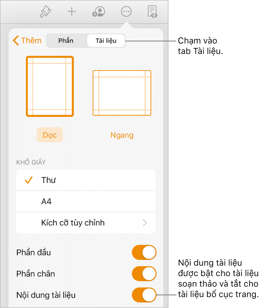 Các điều khiển định dạng Tài liệu với Nội dung tài liệu được bật gần cuối màn hình.
