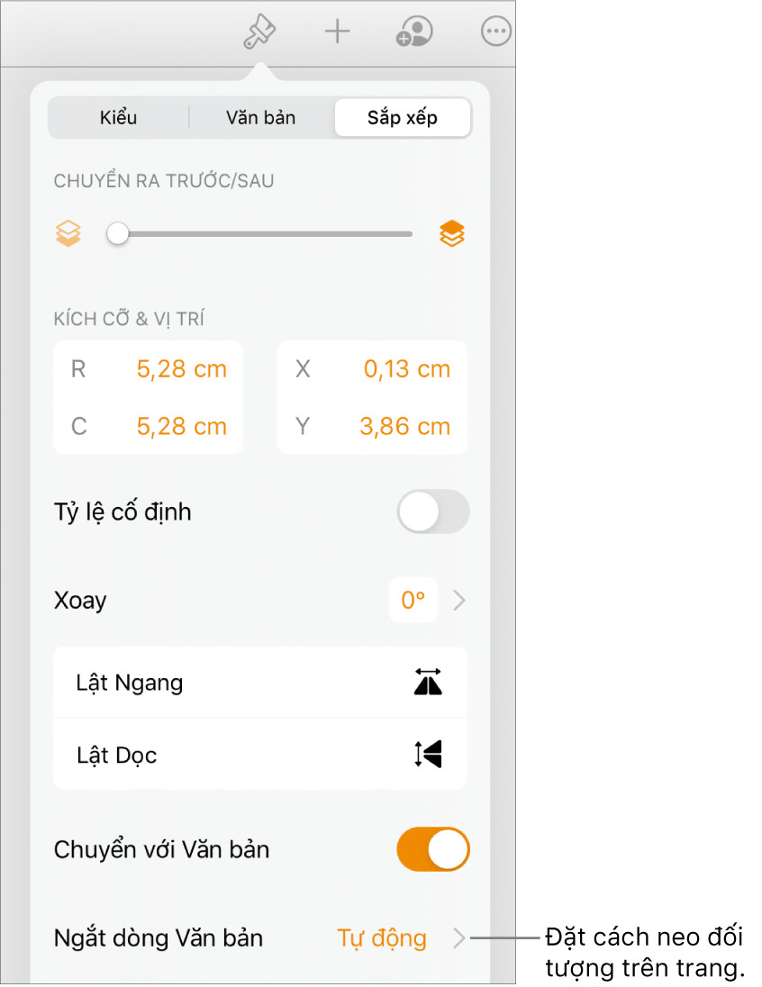 Các điều khiển Định dạng với tab Sắp xếp được chọn và các điều khiển cho Chuyển ra trước/sau, Chuyển với văn bản và Ngắt dòng văn bản.